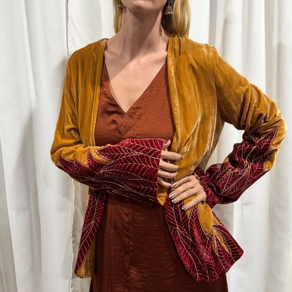 Chasing unicorns longline Aquarius silk velvet jacket in gold and red. - Picture 10 of 14